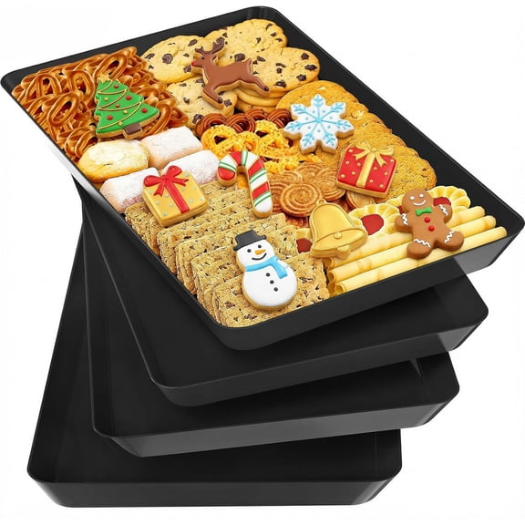 4-Pack Serving Tray Set, Reusable Plastic Serving Platter for Party Supplies, Entertaining, Grilling Accessories, Stackable Kitchen Snack Box Container for Dessert, Fruit, Cookie, (Black)