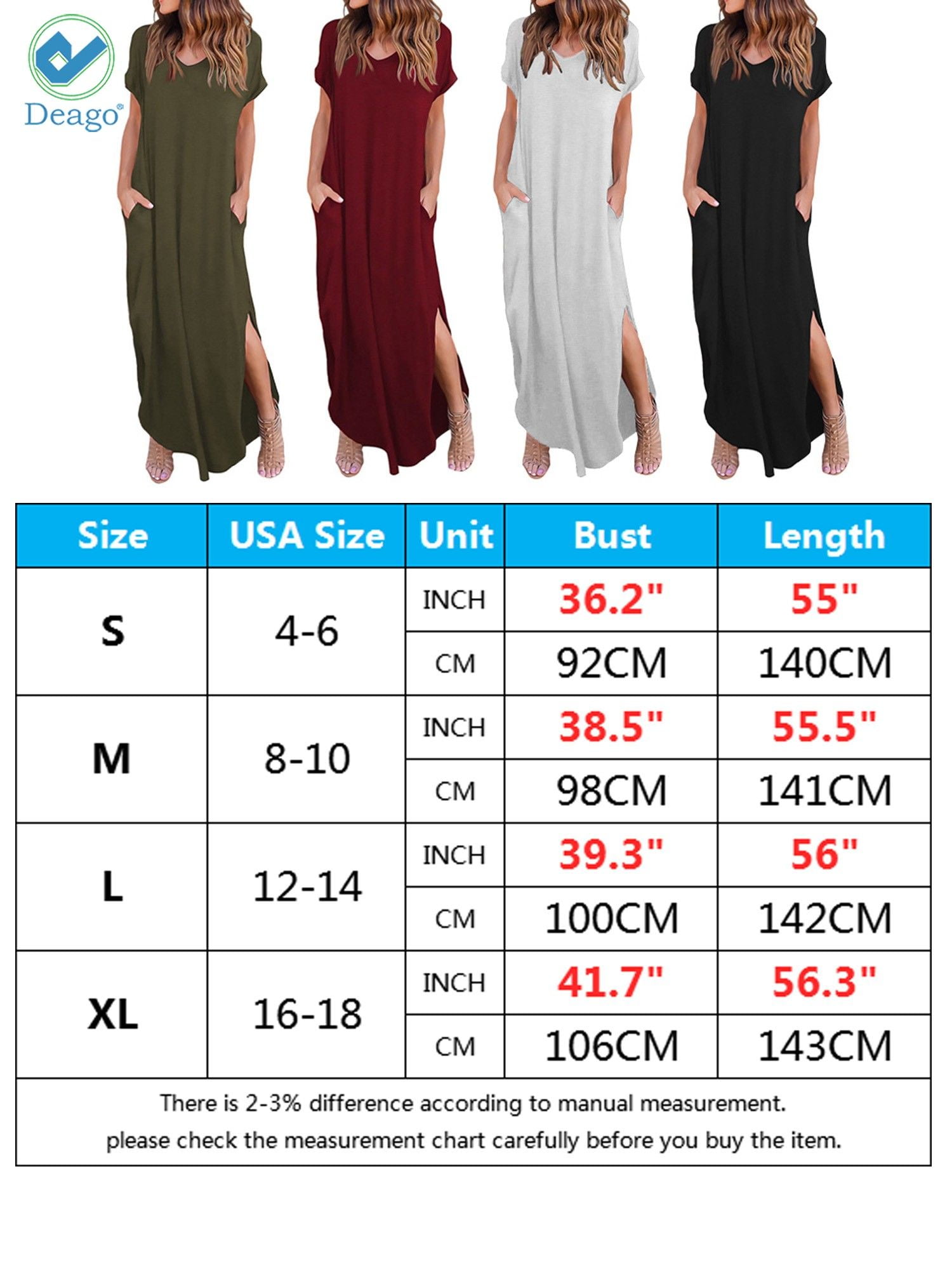 Deago Women's Casual Loose Pocket Long Dress Short Sleeve Split Summer Fall Maxi  Dresses (Gray,XL) - Walmart.com