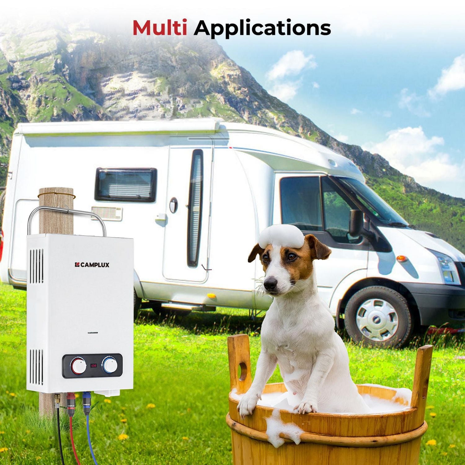 Camplux Pro Chauffe eau au propane sans réservoir 1.58 GPM, chauffe eau au gaz propane extérieur avec poignée portable, chauffe eau à gaz portable pour camping, cabines, blanc
