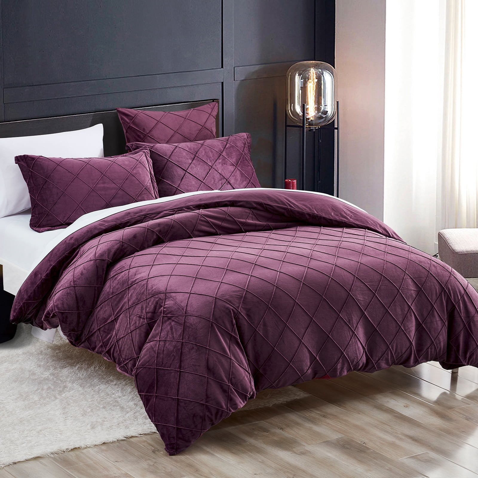 PHF Super Soft Velvet Duvet Cover Set Queen Size, 3 Pieces Warm Fluffy Comforter Cover Set, Cozy Flannel Comforter Cover with Pillow Shams, 90"x90", Wine Red (No Insert)