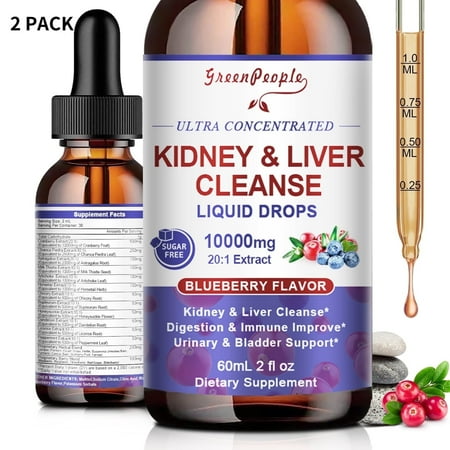 (2 Pack) 27-in-1 Kidney & Liver Support Liquid Drops - 20:1 Cranberry Extract, Blueberry Flavor - Non-GMO(4 Fl oz)