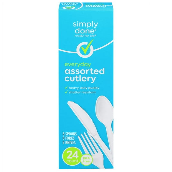 Simply Done Plastic Cutlery, Assorted Forks, Knives & Spoons, 24 Count (Pack of 3) – Strong Disposable Silverware for Parties, Picnics & Meals