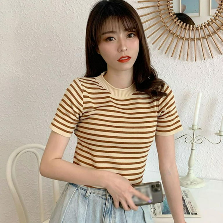 Korean O-neck T Shirt Women Kawaii Striped Tops Harajuku Tshirt Summer  Short Sleeve Casual Loose T-shirts Camiseta Feminina Beige