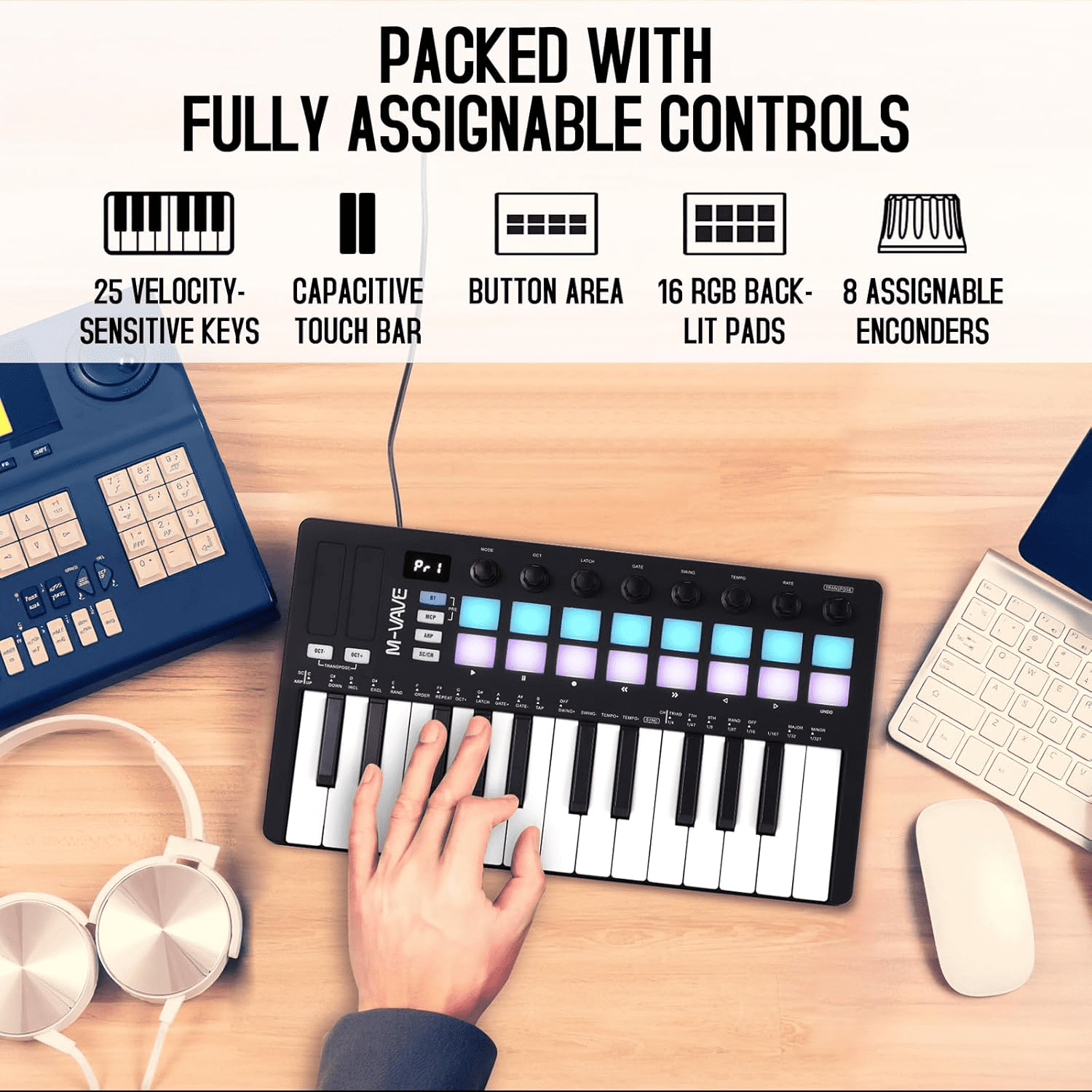 M-WAVE MIDI Keyboard Controller - USB Bluetooth - 25 Key, 16 Pads, Knobs, DAW Compatible