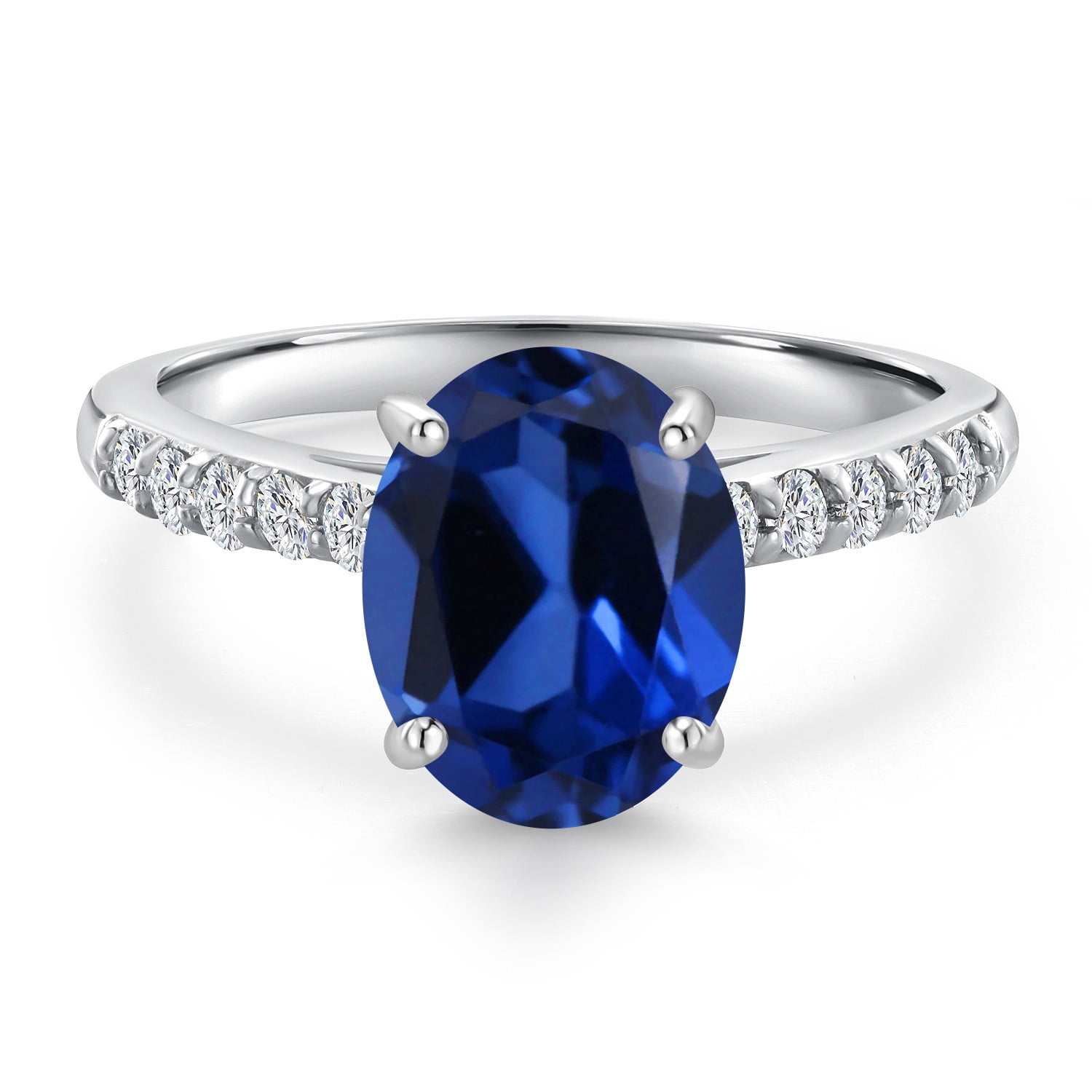 Gem Stone King 10K White Gold Blue Created Sapphire and Lab Grown Diamond Engagement Ring for Women | 2.50 Cttw | Oval 9X7MM | Gemstone September Birthstone | Size 6