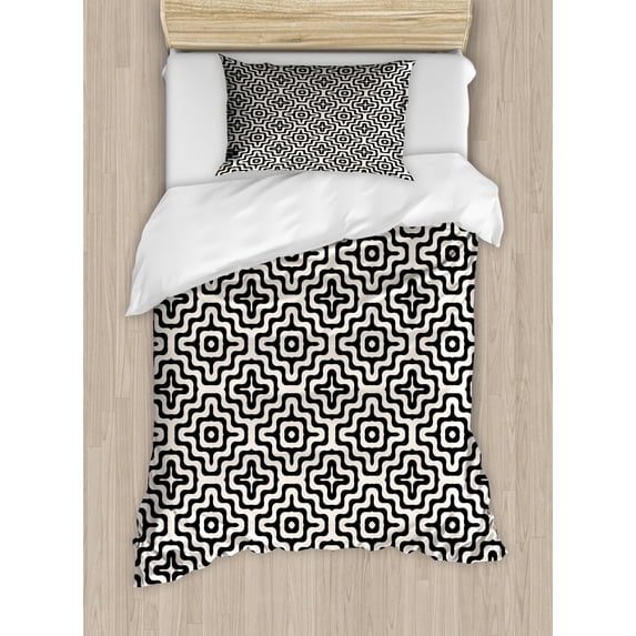 Abstract Geometry Duvet Cover Set Twin Size, Geometric Curved Stripes Wavy Lines Bicolored Pattern, Decorative 2 Piece Bedding Set with 1 Pillow Sham, Charcoal Grey and Champagne, by Ambesonne