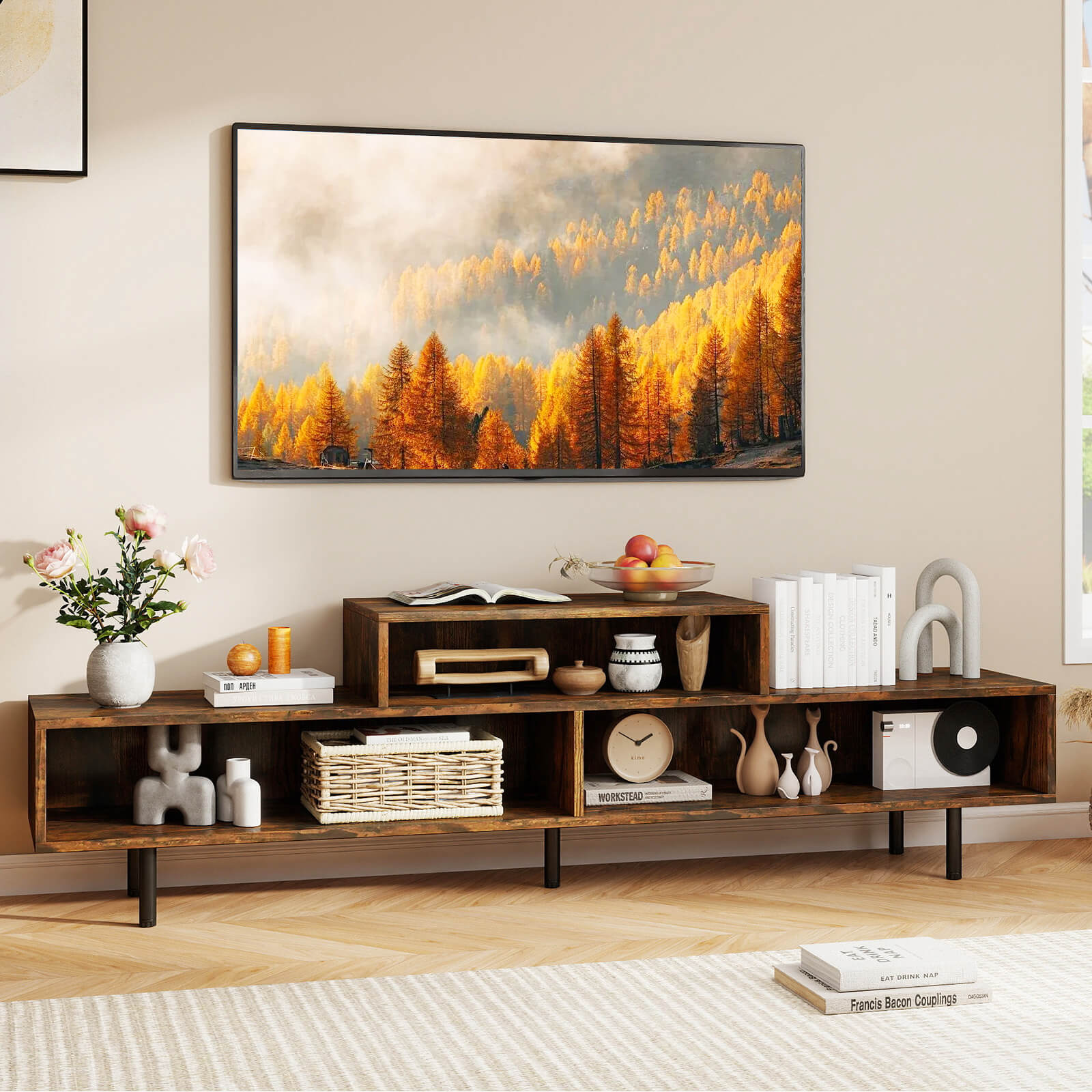 Costway TV Stand, 63” Long Entertainment Center with Open Storage Shelves for TVs up to 70” Rustic Brown