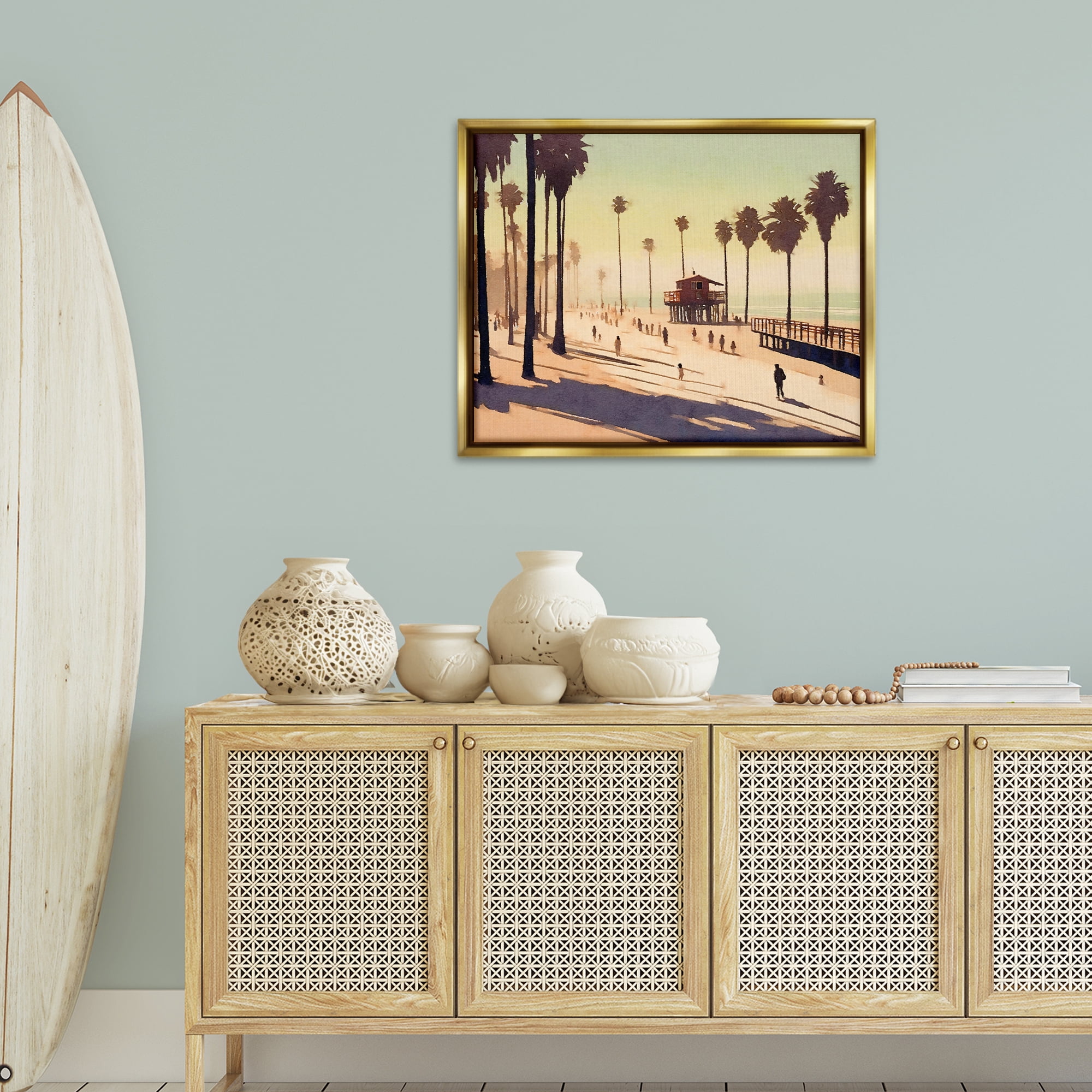 Stupell Industries Silhouettes on Beach Landscape & Nature Painting Gold Floater Framed Canvas Art Print Wall Art, 31 x 25