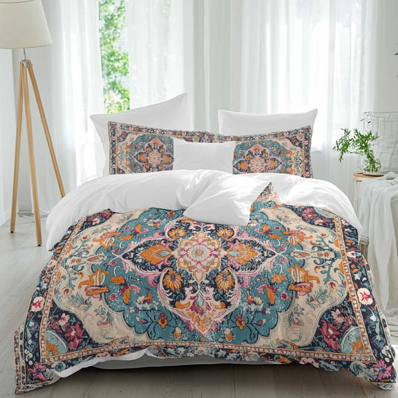 3 Piece Boho Colorful Duvet Cover Set Queen Size, Microfiber Comforter/Quilt Cover with Corner Ties and 2 Pillowcases, Ethnic Modern Geometric Abstract Art All Season Soft Bedding with Zipper Closure