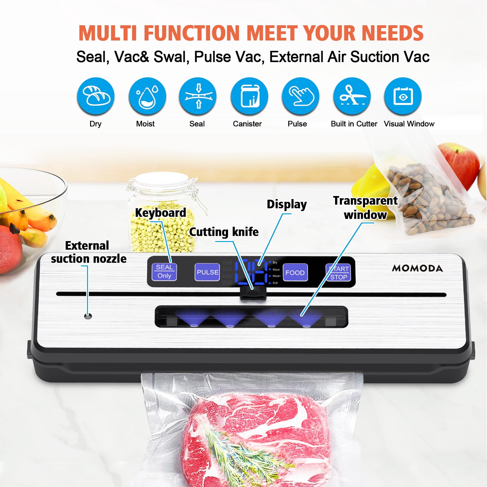 Vacuum Sealer Machine | Included 10pcs Bags & 100pcs Disposable TPE Gloves | Build-in Cutter Home Automatic Packing Machine with External Vacuum System | Dry Moist Fresh Modes