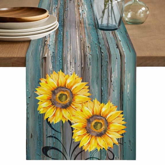 Yellow Sunflowers Vintage Table Runner 72 Inches, Turquoise Gradient Wooden Grain Bed Runner Dresser Scarves Tabletop for Indoor Outdoor Parties/Ceremony/Banquet, 13" x 72"