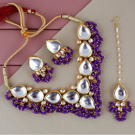 Lucky Jewellery Back Meenakari Stone Bollywood Style Handcrafted Indian Jewelry 18k Gold Plated Purple Color Tika Earring Combo Uncut Big Faux Kundan Choker Necklace Set Mughal Pakistani Jewelry