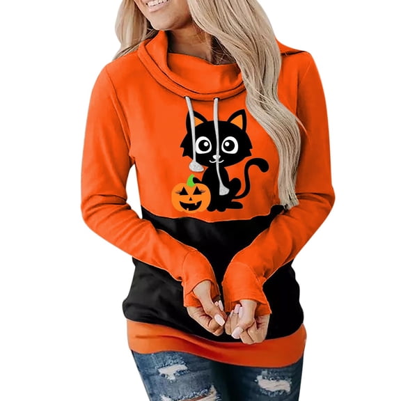 Halloween Hoodies Women Casual Graphic Print Sweatshirt Long Sleeve Pullover Tops Fall Winter Warm Comfortable Apparel Orange L