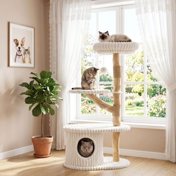 41 Inch Tall Cat Tower with Real Pear Wood Branches, Scratching Posts, Cat Condo, Top Perch, Beige