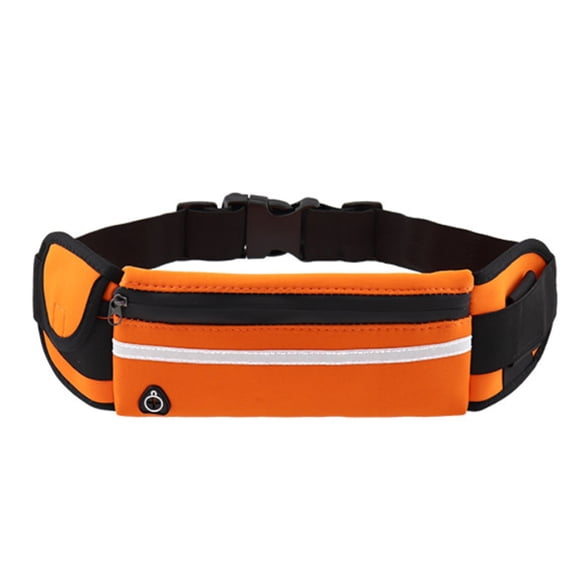 Orange Nylon Sports Waist Pack with Bottle Holder - High Elastic Belt, Reflective Tape & Sweatproof Fabric - Headphone Jack, Zipper & Magic Paste Pockets for Running, Cycling, Travel - Fits 25-47