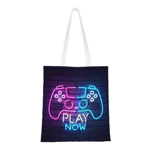 DouZhe Reusable Grocery Bags, Neon Play Now Game controller Lightweight Polyester Canvas Cloth Tote Bag for Travle Gym Shopping School, 15" x 16"