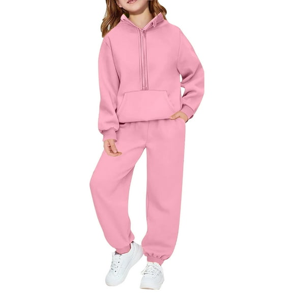 Abcomgle Sweatshirt Set for Girls Oversized Half Zip Hooded Sweatshirts and Warm Sweatpants Athletic Tracksuit Kids Girls,Pink,13-14Years
