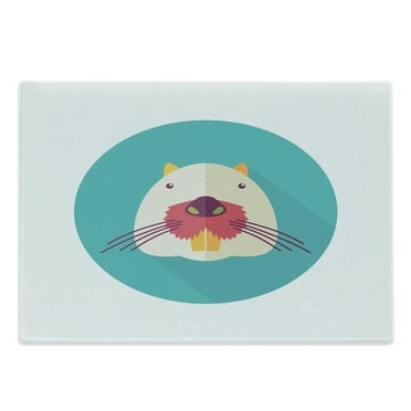 Colorful Cutting Board, Beaver Portrait with Small Eyes and Giant Teeth Cartoon Style Animal Illustration, Decorative Tempered Glass Cutting and Serving Board, Large Size, Multicolor, by Ambesonne