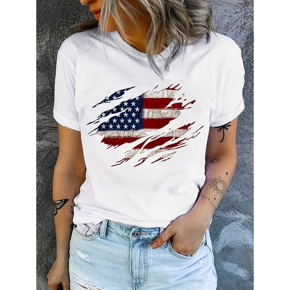 American Flag Print T-Shirt, Independence Day Short Sleeve Round Neck Casual Top for Summer And Spring, Women's Clothing