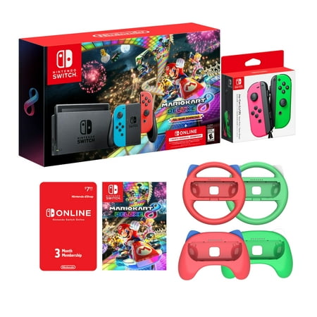 Nintendo Switch Mario Kart 8 Neon Multiplayer Racing Bundle: Red Blue JoyCon Console, Mario Kart 8 Deluxe and Online Membership, Mytrix Wheels and Grips 4 Pieces, Additional Pink/Green JoyCons