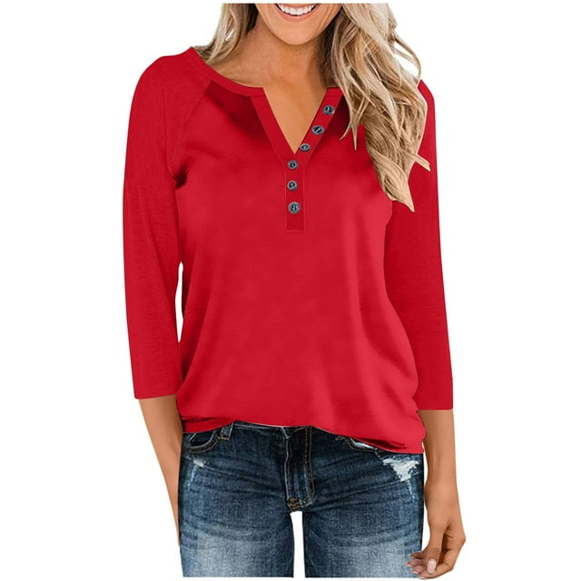 Soki 3/4 Sleeve Tops for Women Henley Raglan Notched V Neck T Shirts Three Quarter Length Button Shirts Womens Blouses