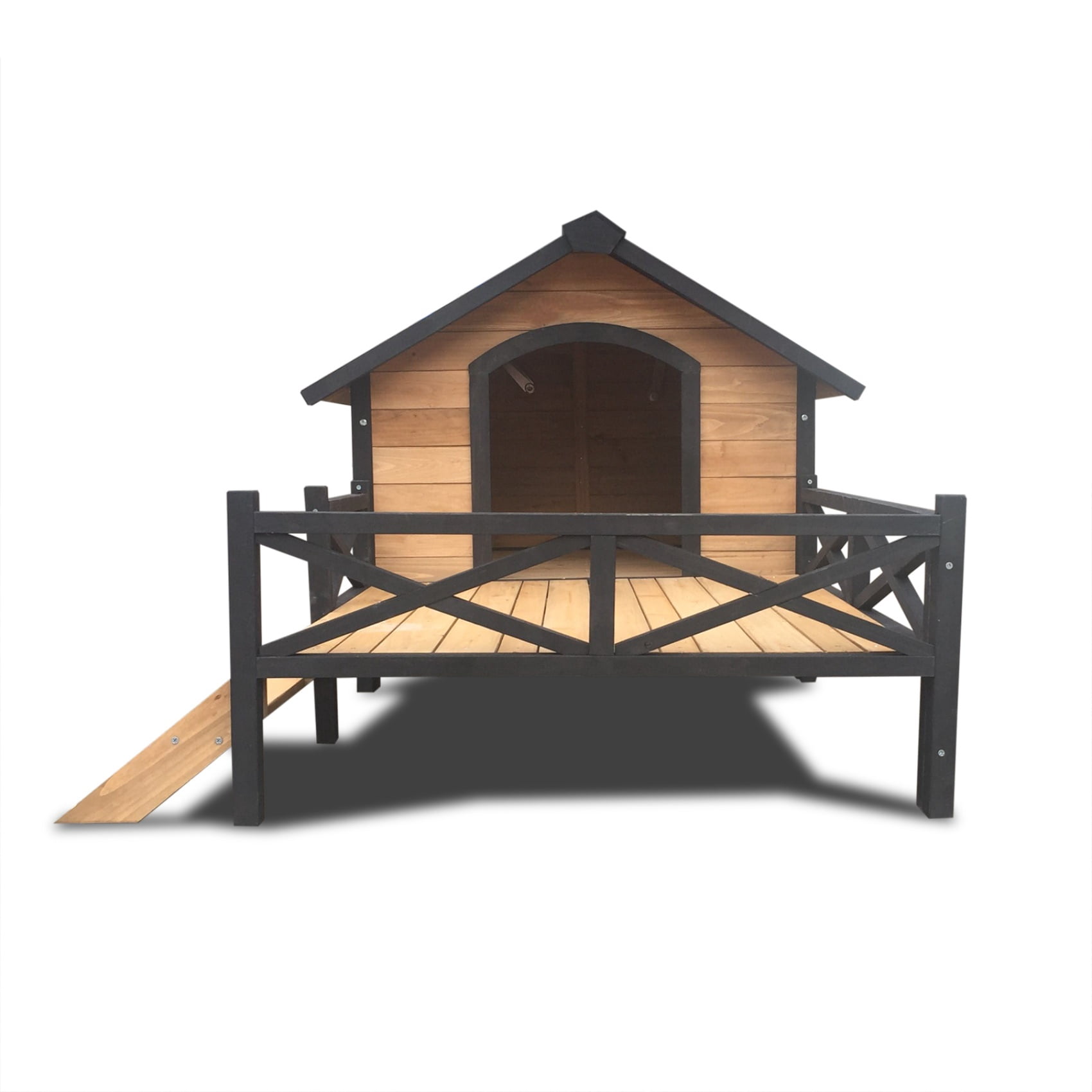 67'' Wooden Large Dog House w/Porch Deck,Iron Frame Dog Kennel for XL Dogs,Weatherproof Outdoor Dog House with Asphalt Roof,Elevated Cabin Style Pet Shelter,Honey