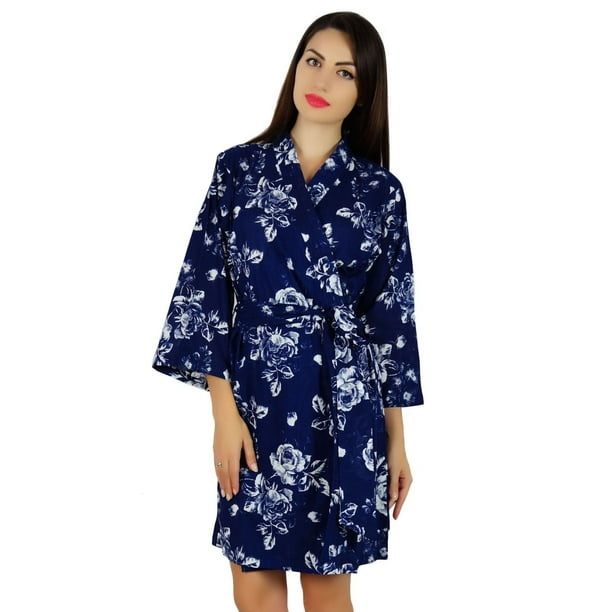 Bimba Women Floral Print Short Cotton Robe Getting Ready Dark Blue