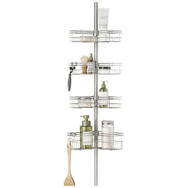 Tension Pole Shower Caddy, Adjustable Corner Shower Storage System with 4 L-shaped Baskets and , Rust-Resistant Bathroom Organization , 60 to 97 Inch, Satin Nickel