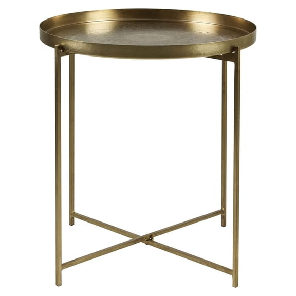 Tray Top Round Side Table, Decorative End Table with Antique Brass Finish, Intricate Hand Carving, Strong Iron Legs - 20" X 21.7"