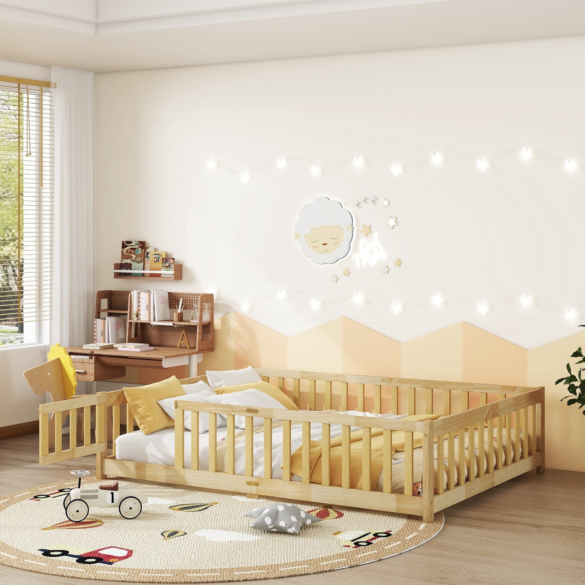 Alvantor Full Size Montessori Floor Bed for Kids with Door and Fence, Rubber Wood Toddler Platform Bed Frame, No Box Spring Needed, Natural