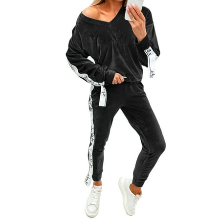 

Lumento Women Casual Jogging Two Piece Outfit Tapered Off Shoulder Pajamas Suits Loungewear Long Sleeve Jogger Set Black L