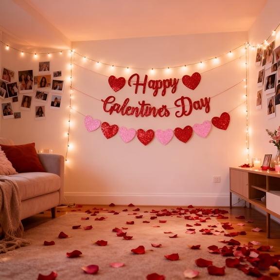 AUQ Happy Galentines Day Banner Glitter Red and Pink Heart Valentines Day Garland for Party Decorations