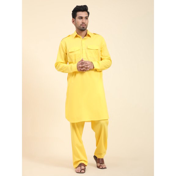 SKAVIJ Men's Kurta Pajama Set Pathani Style Indian Casual Dress Gold L