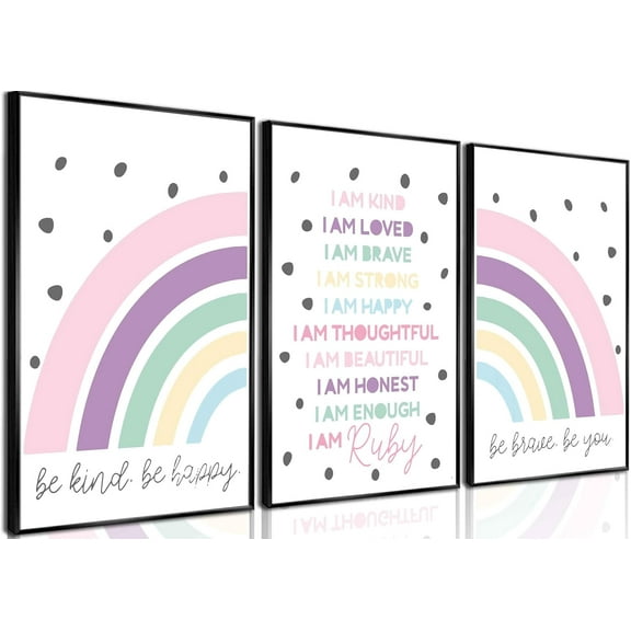 3Pcs Rainbow Nursery Canvas Wall Art Boho Pink Cute Inspirational Wall Decor Pictures Kids Room Posters Prints for Nursery Kids Teens Playroom Room Boys Girls Bedroom Decoration