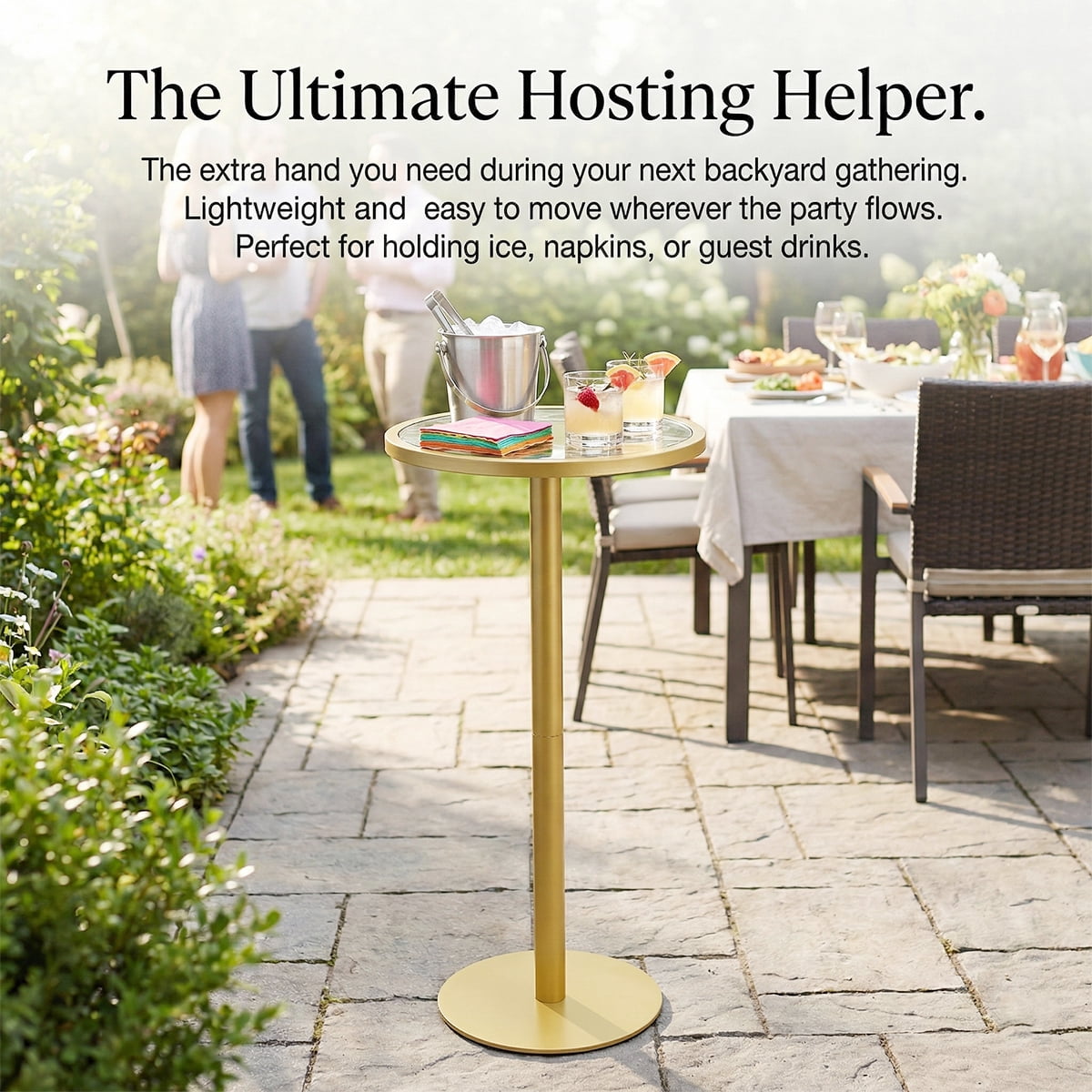 Gold Drink Table, Indoor Outdoor Small Round Side Table with Glass Top & Scroll Design, 24.7" Metal Pedestal End Table for Living Room, Patio, Balcony, Small Spaces, Weather Resistant