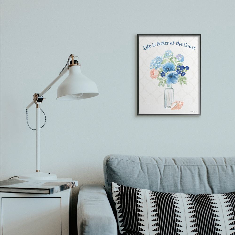 Stupell Industries Better at the Coast Nautical Floral Arrangement Greeting Framed Wall Art Design by Beth Grove, 16" x 20", Black Framed