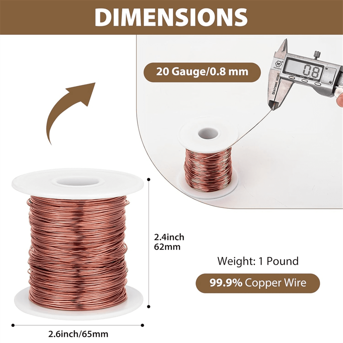 99.9% Dead Soft Copper Wire, 20 Gauge/ 0.8 mm Diameter, 328 Feet/ 100 M, 1 Pound Spool Pure Copper Wire