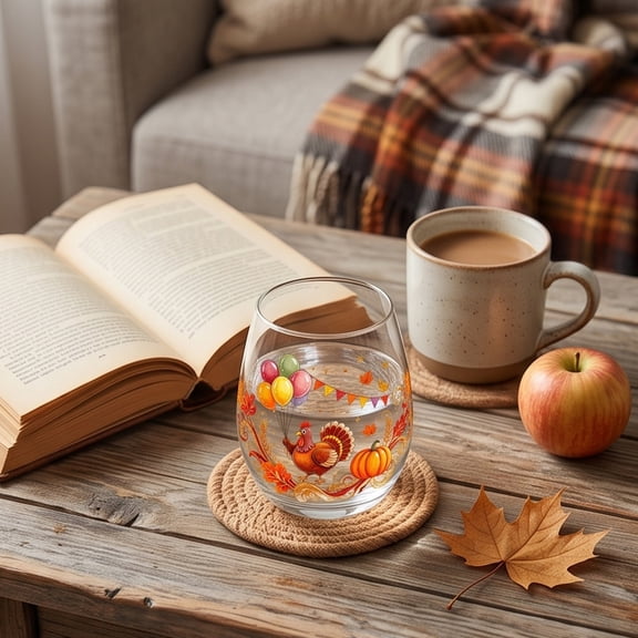 Autumn Stemless Glass Fall Clear Drinking Tumbler Thanksgiving Squirrel Pumpkin Maple Leaf Printed Table Drinkware for Juice Beverages for Home Dinner Party Gathering