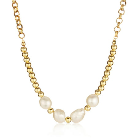 ELYA Freshwater Pearl Beads Gold IP Stainless Steel Rolo Chain Necklace (6mm), 17