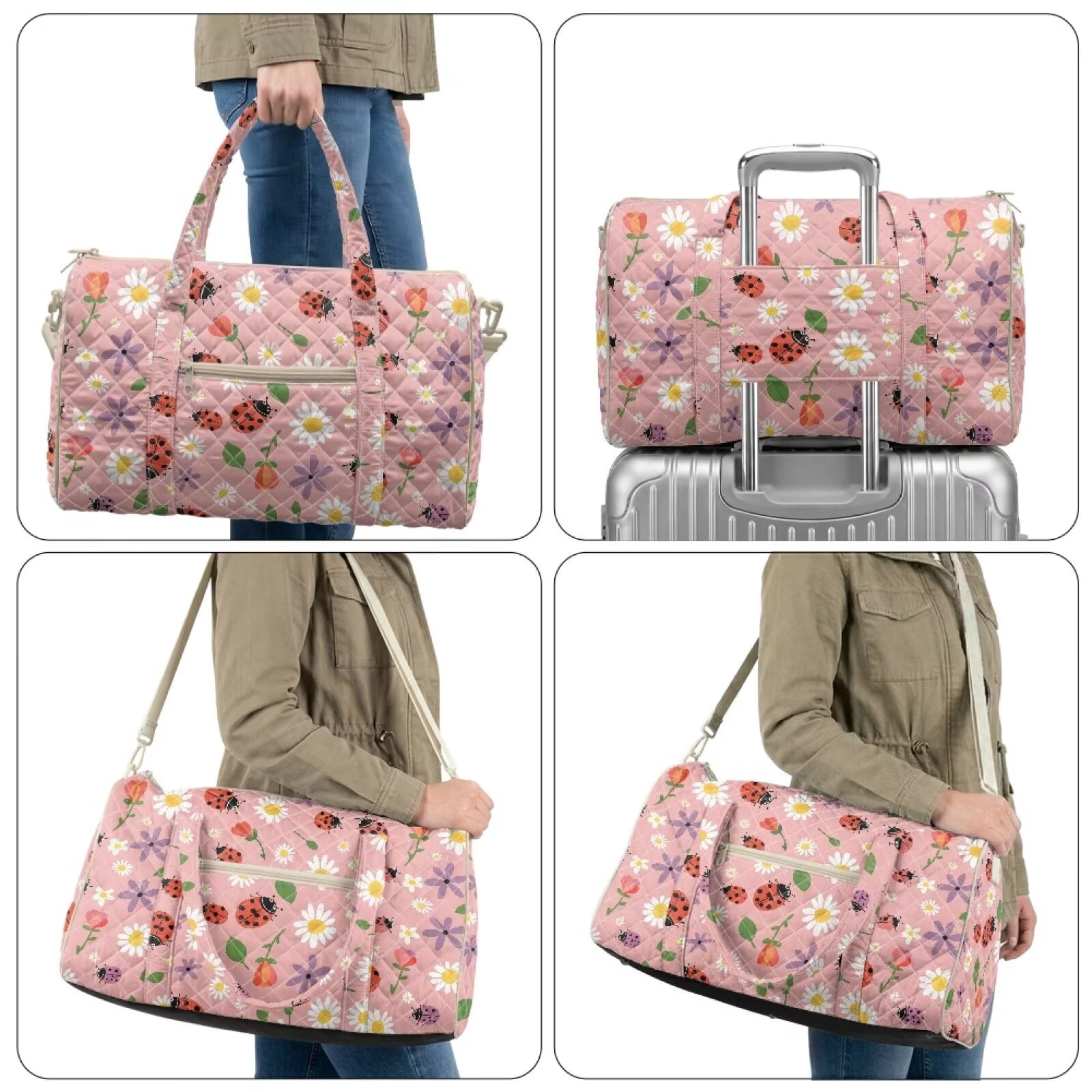 Garronmavis Pink Ladybug Floral Large Quilted Duffle Bag for Women, Weekender Travel Bag Overnight Bag Carry On Gym Dance Tote with Zipper Pockets, Luggage Sleeve Compatible
