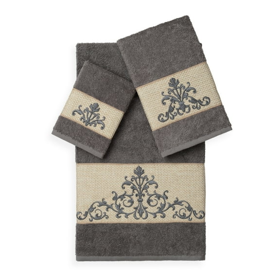Authentic Hotel and Spa Turkish Cotton Scrollwork Embroidered 3 piece Towel Set Charcoal