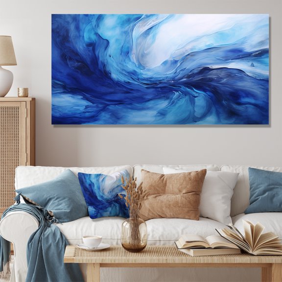 Designart "Emotional Waves of Blue Tachisme II" Extra Large Abstract Wall Art - Modern Blue Tachisme Bedroom Canvas Wall Art