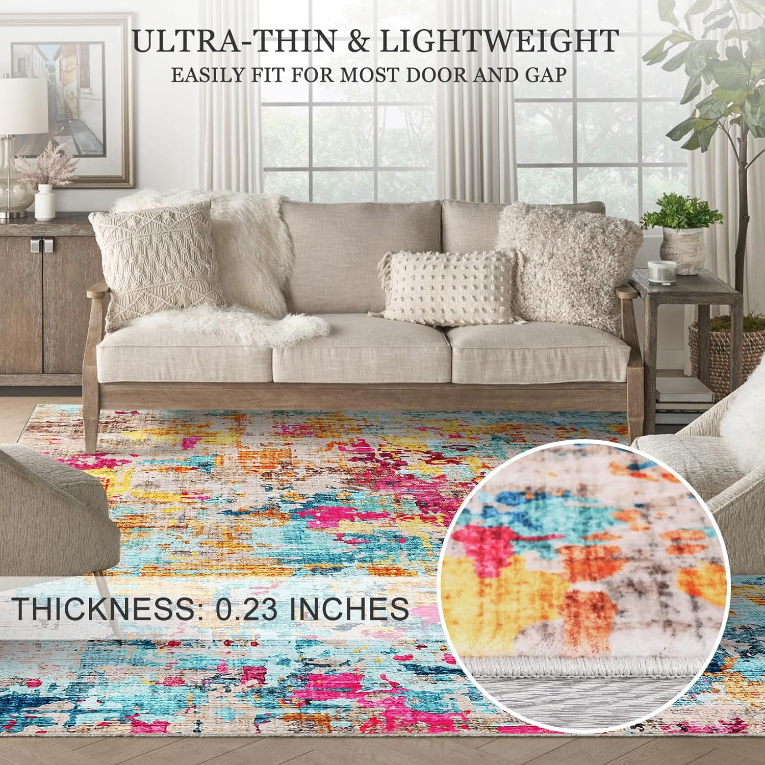 Colorful Abstract Area Rug, 5x7 Boho Washable Living Room Bedroom Rug Modern Non-Slip Non-Shedding Low Pile Area Rug Throw Rug for Dining Room Home (Colorful Multi, 5'x7')