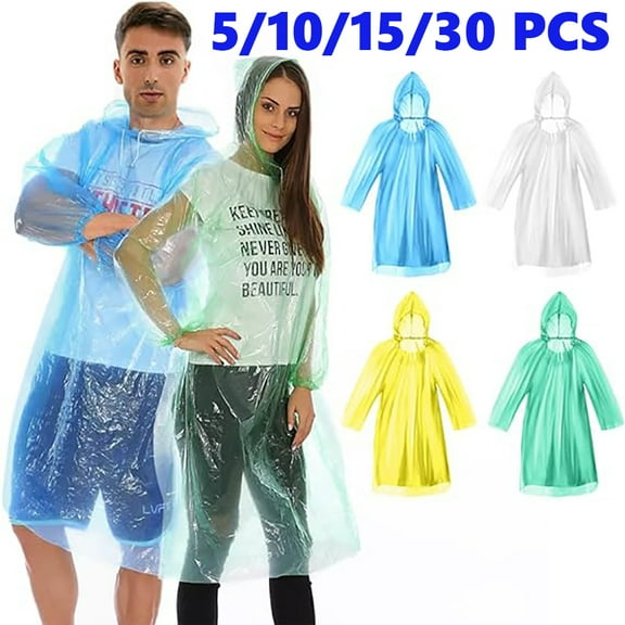 Disposable Rain Poncho, 3 Wire Thickness Emergency Waterproof Poncho Plastic Rain Poncho with Hood - Perfect for Outdoor Concert Theme Park Camping Hiking, etc/5PCS