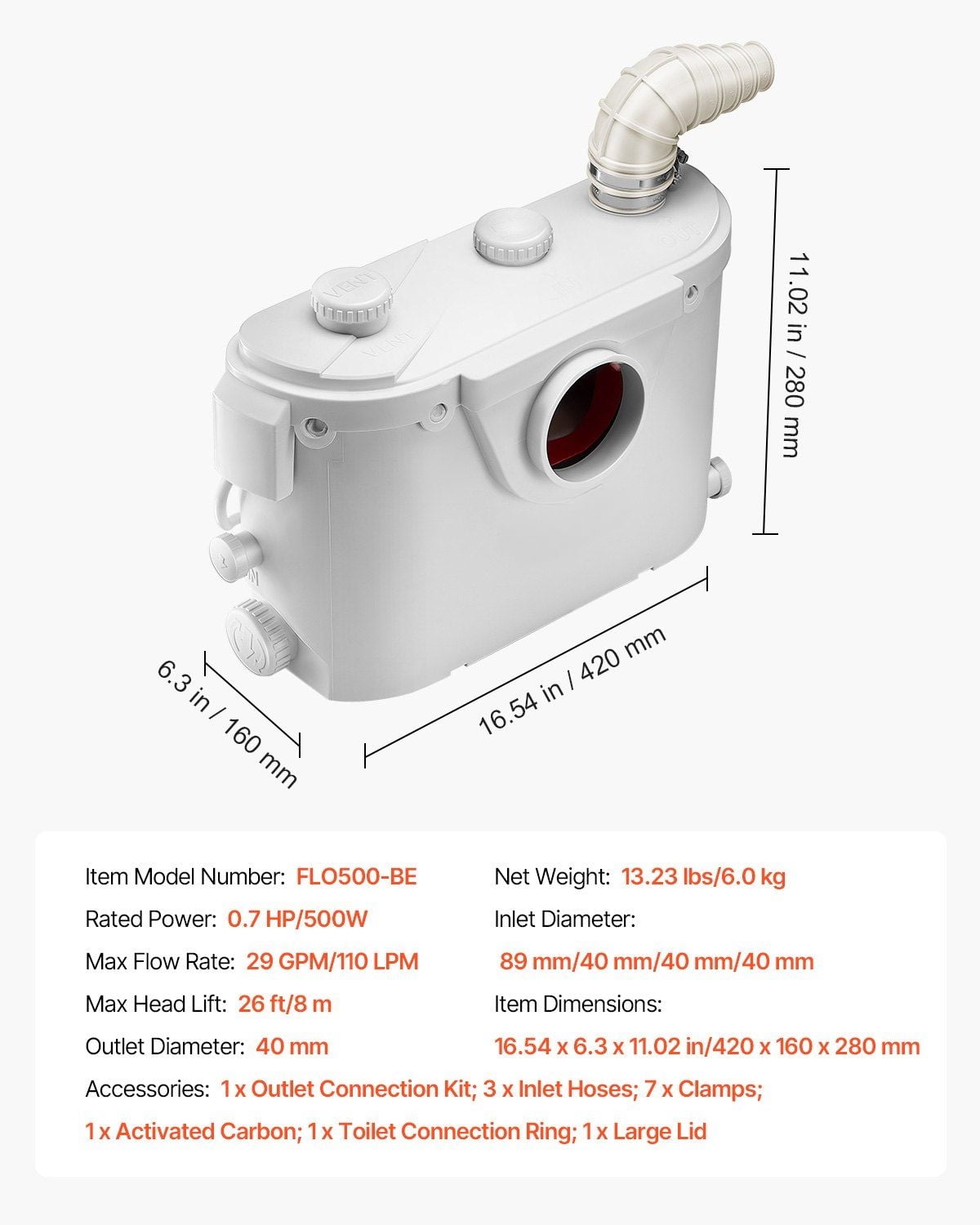 Macerator Pump 500W 29 GPM Flow 26 ft Head Lift Pump for Toilet Basement Sink Bathroom Utility