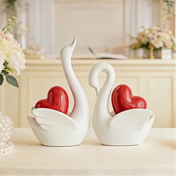 Ceramic Swan Couple Figurines, Romantic Home Decor, Decorative Sculptures for Living Room, Bedroom, Shelf | Valentine's Day Wedding (Set of 2)
