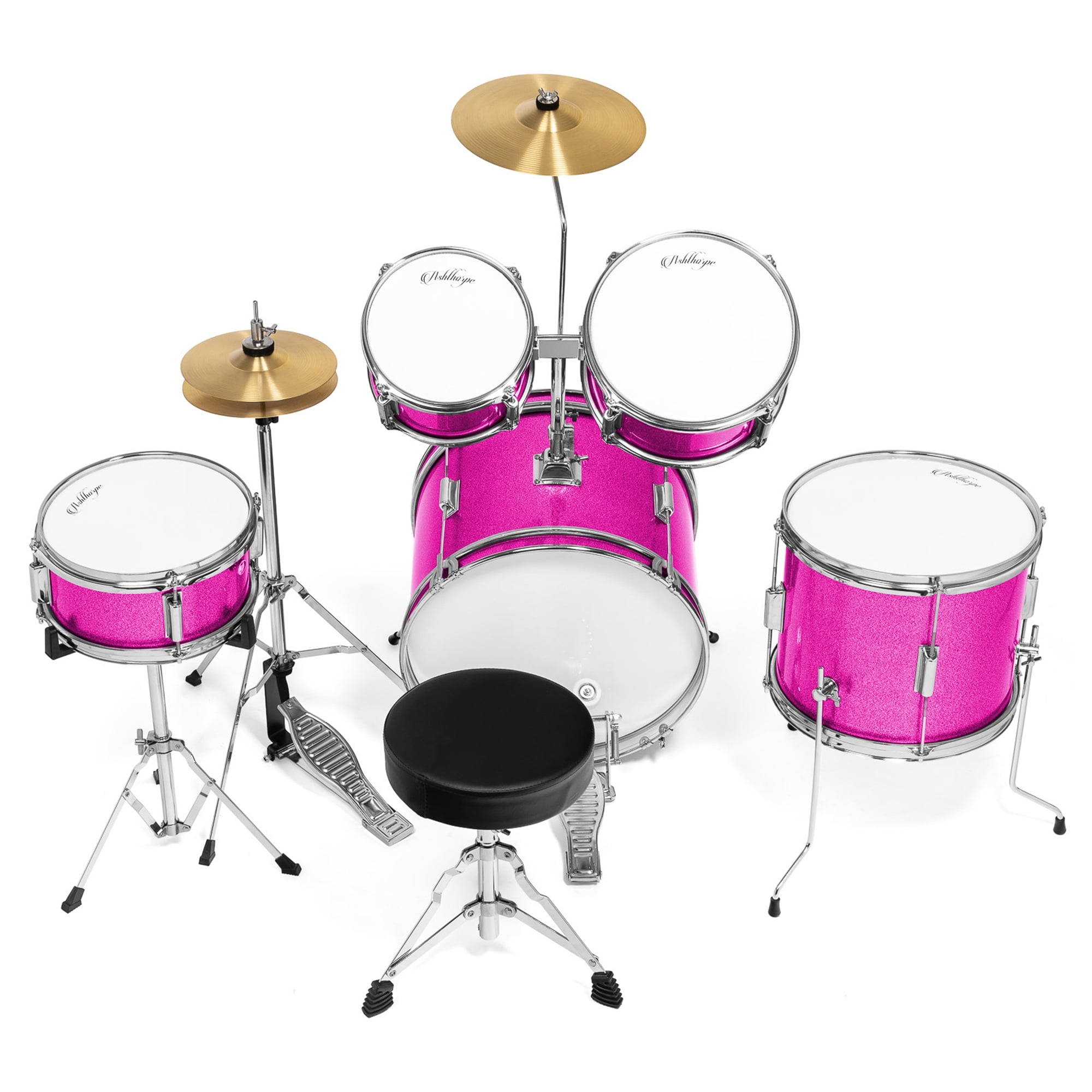 Ashthorpe 5-Piece Complete Junior Drum Set with Brass Cymbals and Drummer's Throne - Pink