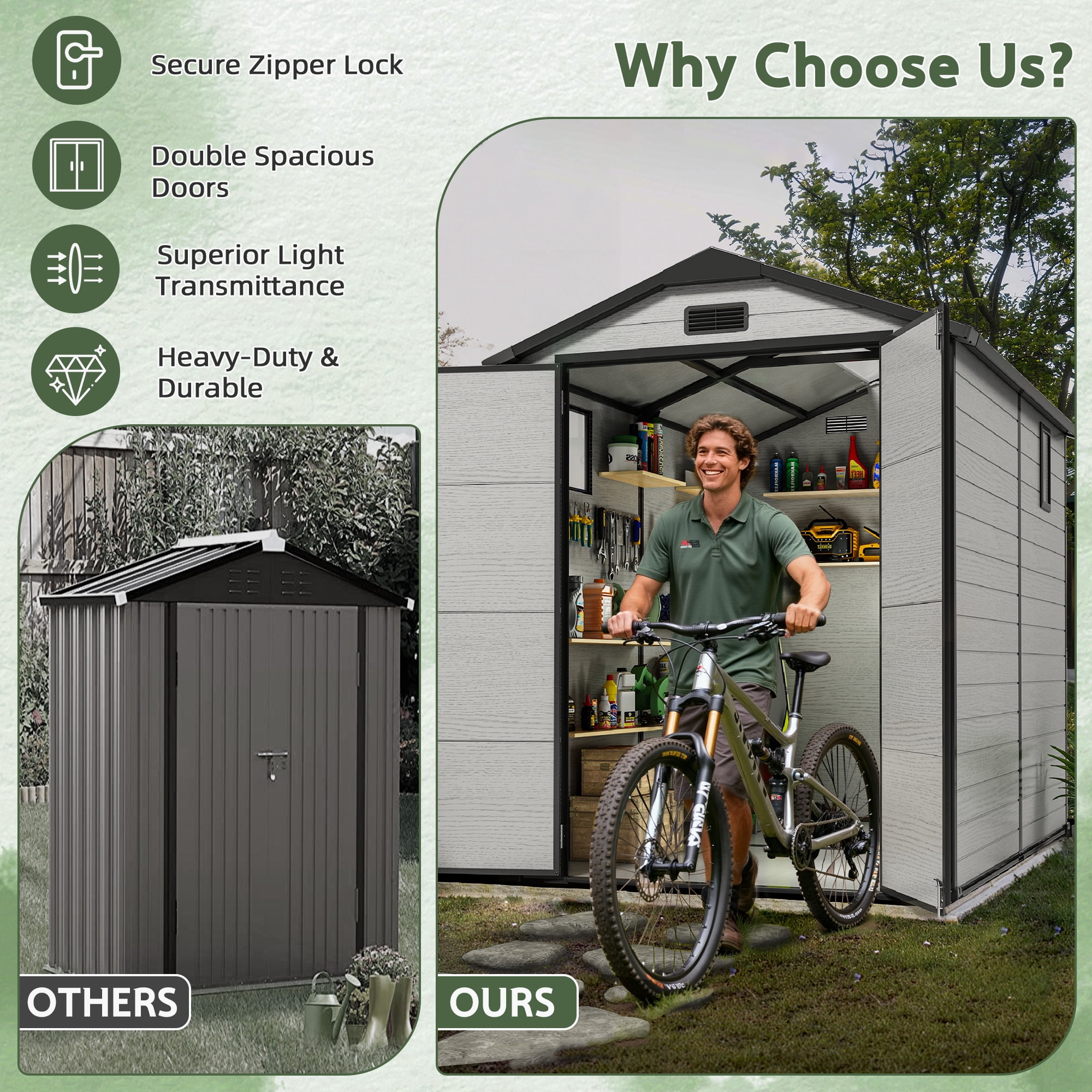 Sylviera 6x8FT Resin Outdoor Storage Shed with Floor, All-Weather Waterproof Plastic Garden Shed for Backyard, Heavy-Duty Storage Shed for Tools, Bikes & Lawn Equipment