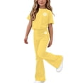 thumbnail image 2 of ECHFIPROM Big Girls Summer Outfits, Short Sleeve Crew Neck Printed T-Shirt, Casual Flared Pants 2 Piece Set, Daily Wear Outfit for Girls 5-15 Years Old,Yellow,13-14Years, 2 of 6