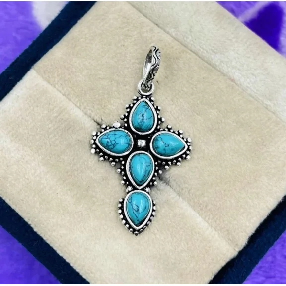 Turquoise Cross Pendant 925 Sterling Silver Polished Handmade Gemstone Jewelry Gift For